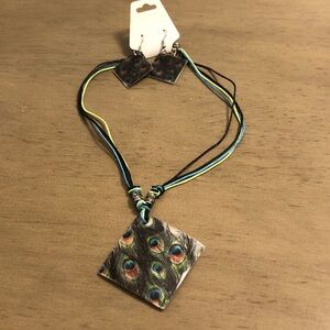 Peacock Theme Pendant Necklace and Earring Set Fashion Jewelry